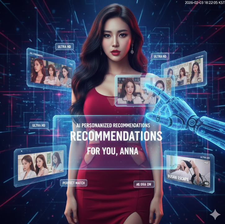 기술적 진화: AI 기반의 개인화된 추천 시스템과 4K 스트리밍 기술을 시각화하여, 사용자의 취향에 맞춘 콘텐츠가 실시간으로 제공되는 환경을 보여줍니다.