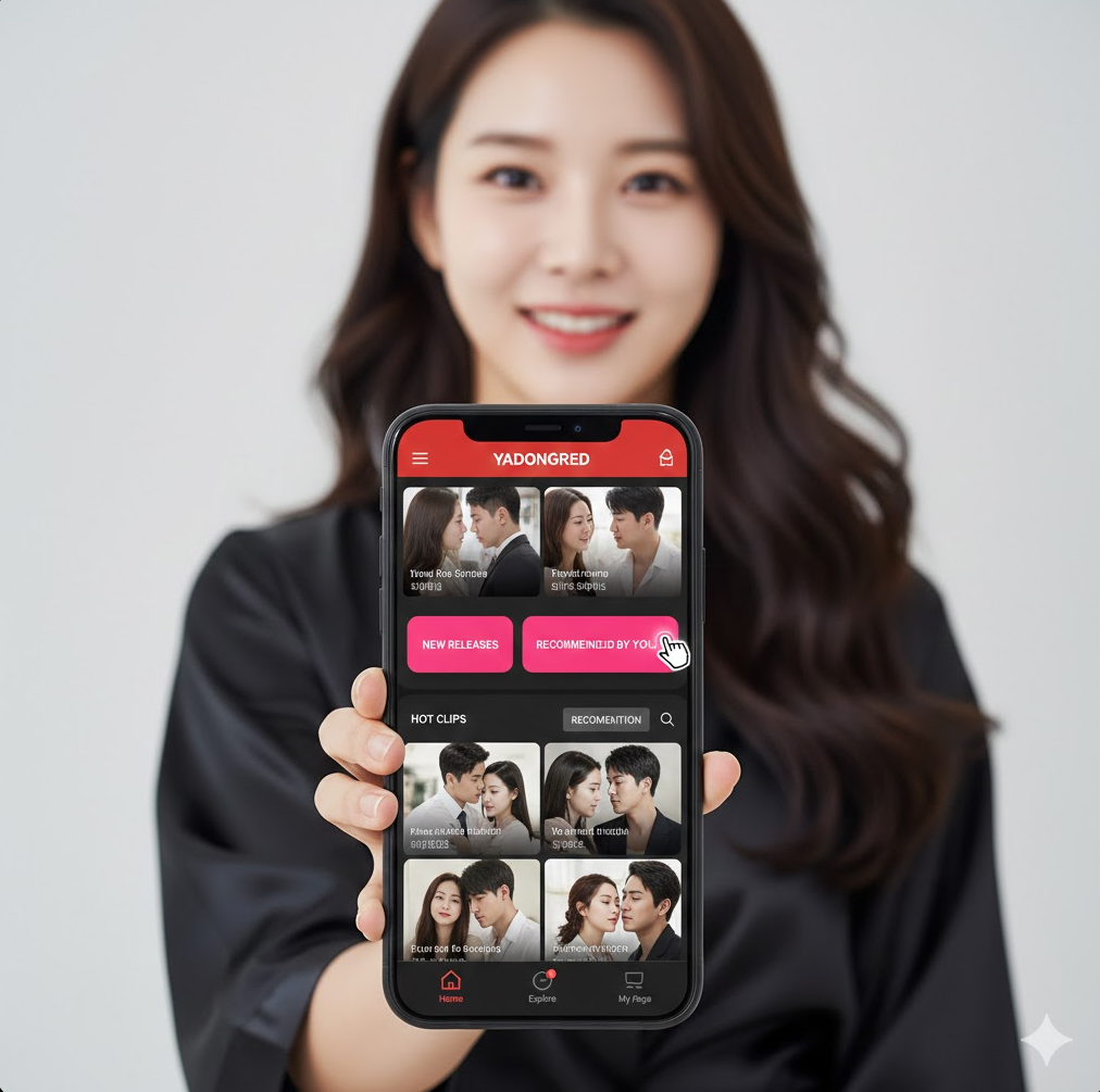 기술과 편의성: 스마트폰 화면 속의 'YADONGRED' 인터페이스는 사용자 맞춤형 추천 시스템과 고화질 썸네일을 강조하여, 언제 어디서나 접근 가능한 모바일 최적화 환경을 나타냅니다.