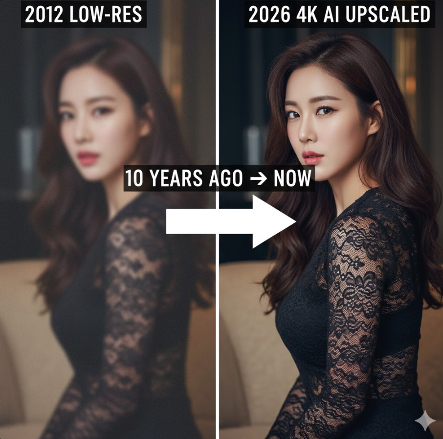  AI 리마스터 전후 비교 이미지, 좌측 2012년 저화질, 우측 2026년