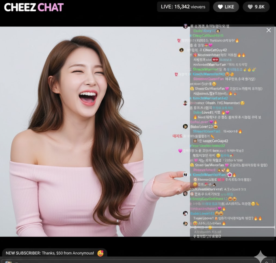 치지직 실시간 방송 화면, BJ가 크게 웃으며 채팅 읽는 모습