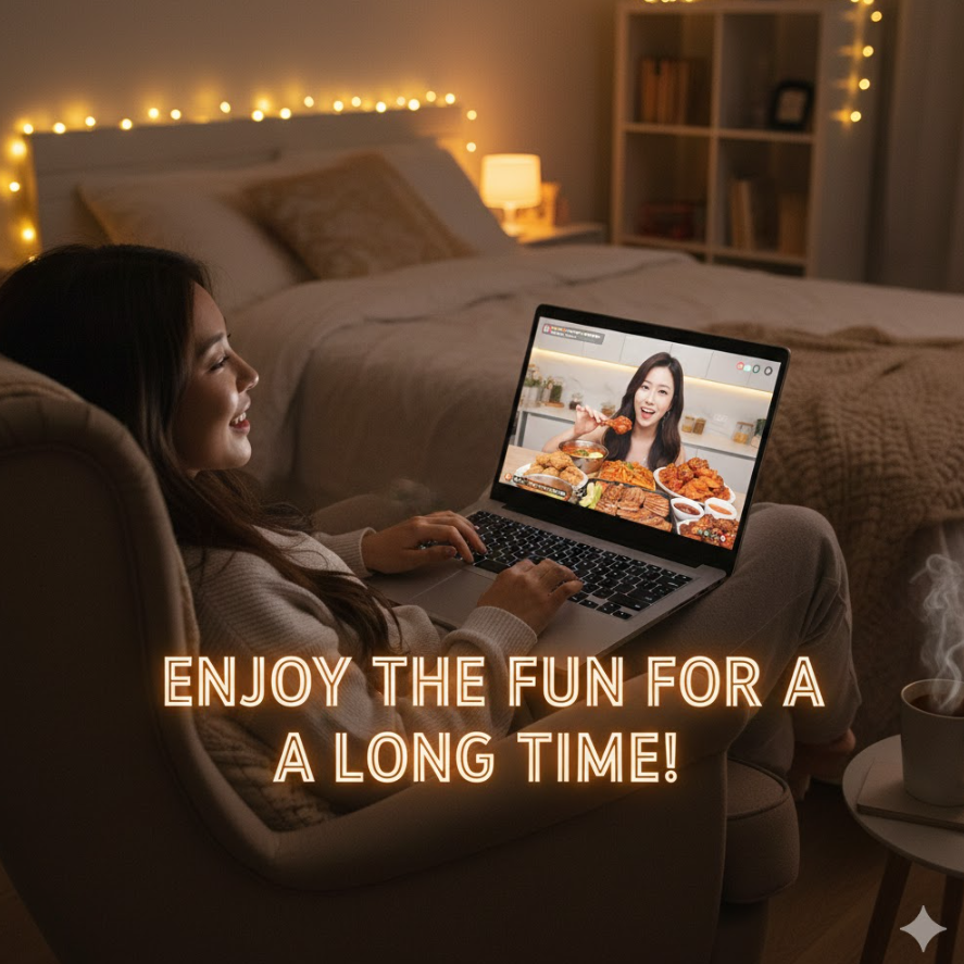  편안한 방 안에서 노트북으로 BJ 방송 보는 모습