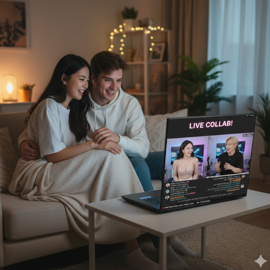 편안한 방 안에서 노트북으로 BJ 방송 보는 모습 편안한 방 안에서 노트북으로 BJ 방송 보는 모습