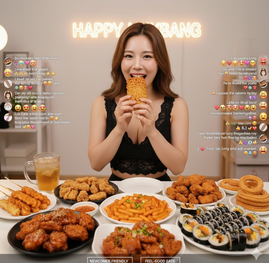 밝은 화면에 BJ가 웃으며 먹방 하는 모습