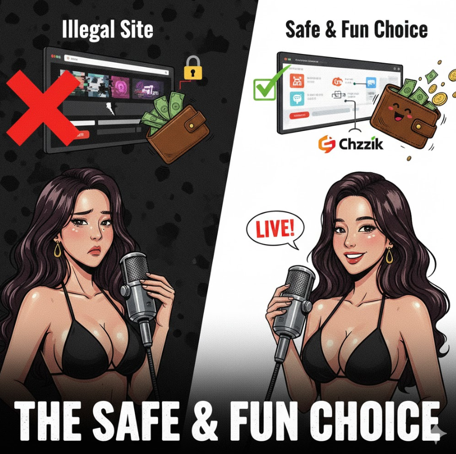 아프리카TV와 치지직 로고가 밝게 빛나고, 불법 사이트는 어두운 배경에 빨간 X 표시된 비교 인포그래픽