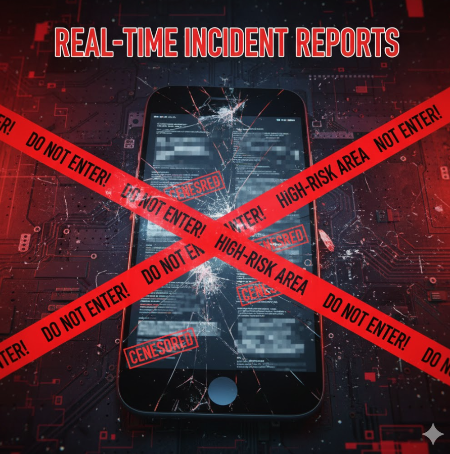 깨진 스마트폰과 빨간 경고 테이프, “실시간 사고 사례” 텍스트가 들어간 강렬한 경고 이미지 깨진 스마트폰과 빨간 경고 테이프, “실시간 사고 사례” 텍스트가 들어간 강렬한 경고 이미지