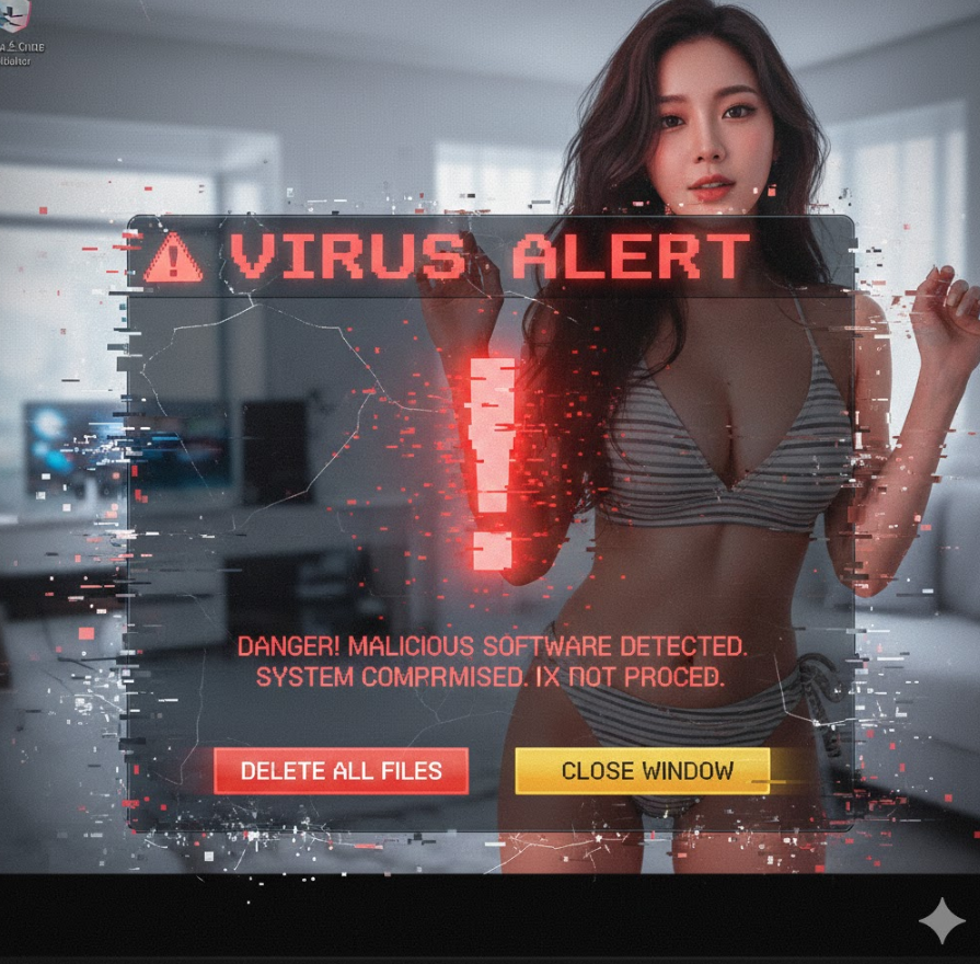 스마트폰 화면에 바이러스 경고창과 깨진 자물쇠, 빨간 “위험!” 아이콘이 크게 보이는 드라마틱한 이미지