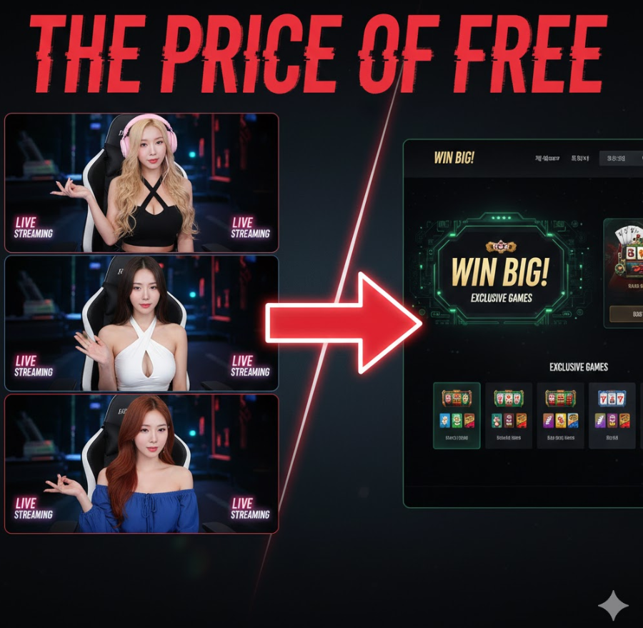  화려한 BJ 스트리밍 배너와 빨간 화살표로 이어진 도박 사이트, 지갑이 날아가는 코믹한 일러스트, “공짜의 대가” 큰 텍스트