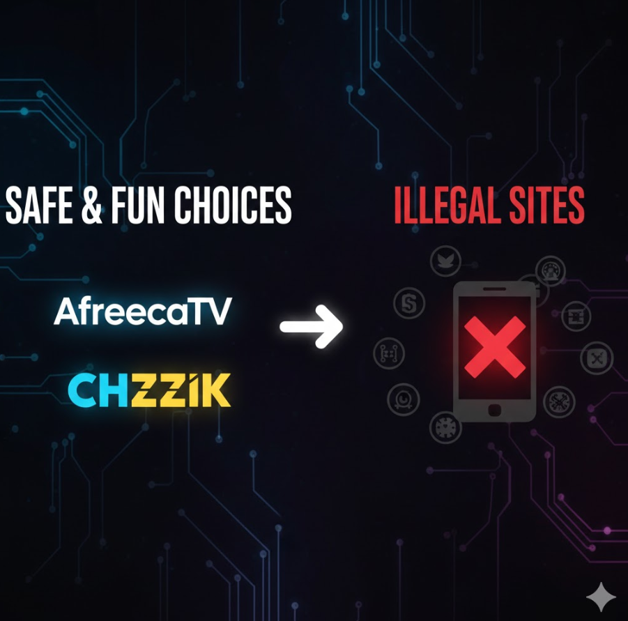 아프리카TV와 치지직 로고가 밝게 빛나고, 불법 사이트는 어두운 배경에 빨간 X 표시된 비교 인포그래픽