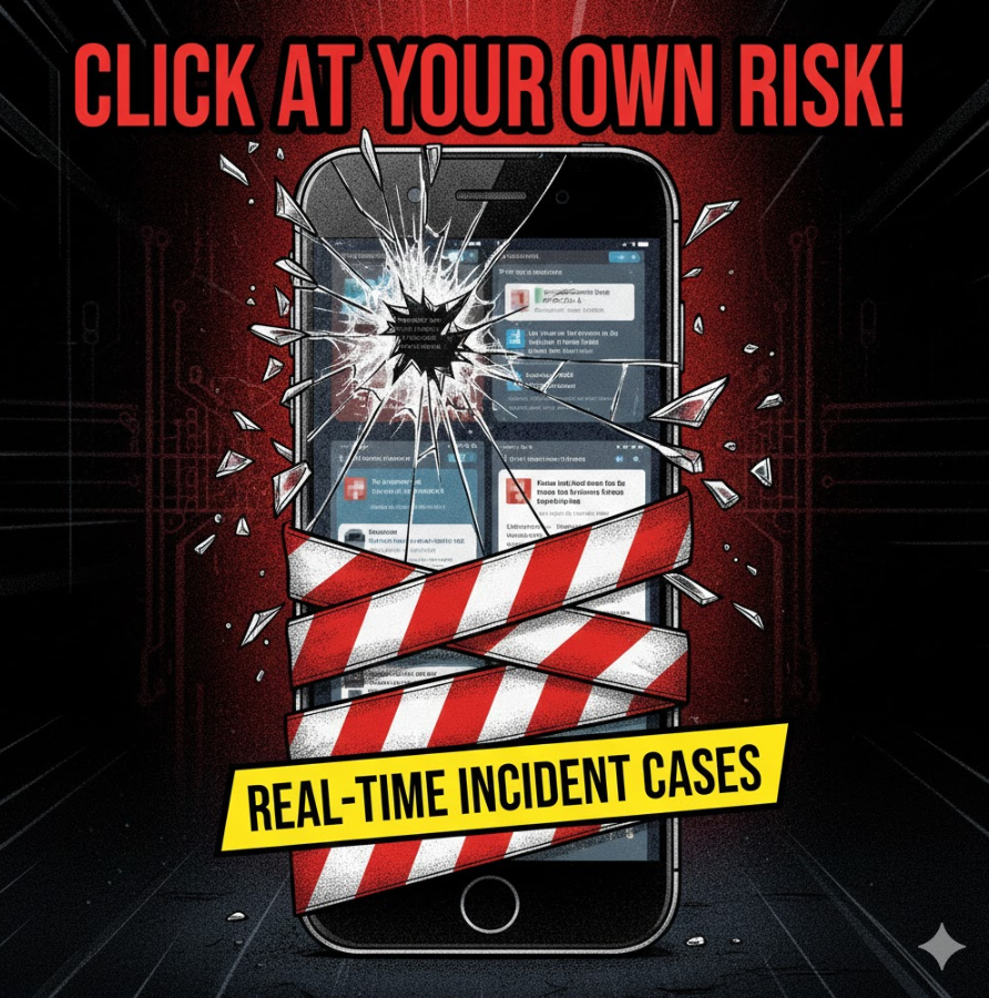 깨진 스마트폰과 빨간 경고 테이프, “실시간 사고 사례” 텍스트가 들어간 강렬한 경고 이미지