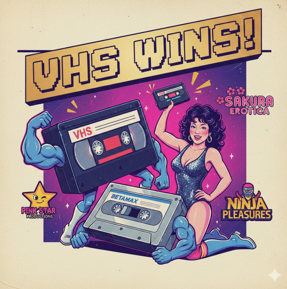 두 포맷의 비디오 테이프가 대결하는 모습과 일본 AV 제작사 로고가 함께 배치되어 있고, 배경에 “VHS 승리” 큰 금색 텍스트가 들어간 레트로하고 유머러스한 디자인입니다. 두 포맷의 비디오 테이프가 대결하는 모습과 일본 AV 제작사 로고가 함께 배치되어 있고, 배경에 “VHS 승리” 큰 금색 텍스트가 들어간 레트로하고 유머러스한 디자인입니다.