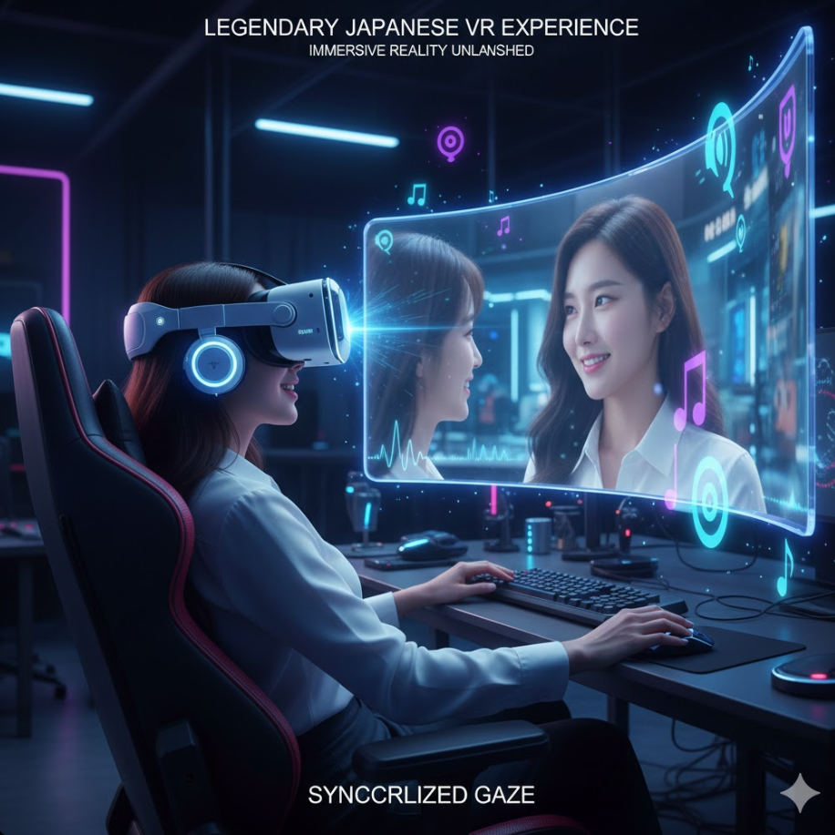 VR 헤드셋을 쓴 사람이 화면 속 배우와 시선이 마주치는 생생한 장면 VR 헤드셋을 쓴 사람이 화면 속 배우와 시선이 마주치는 생생한 장면