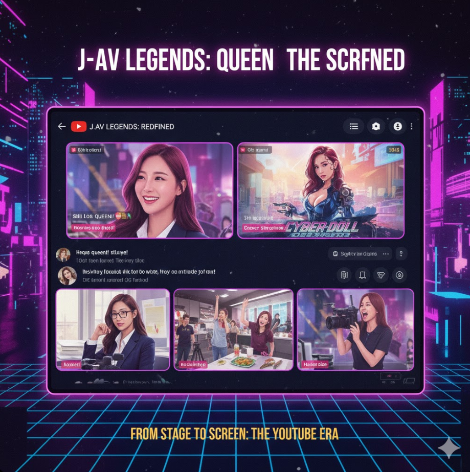 레전드 일본 야동 배우 유튜브 진출 현상 콜라주로, 유튜브 방송 화면, 과거 작품 회상 장면, 새로운 콘텐츠 제작 모습이 함께 배치되어 있고 레전드 일본 야동 배우 유튜브 진출 현상 콜라주로, 유튜브 방송 화면, 과거 작품 회상 장면, 새로운 콘텐츠 제작 모습이 함께 배치되어 있고