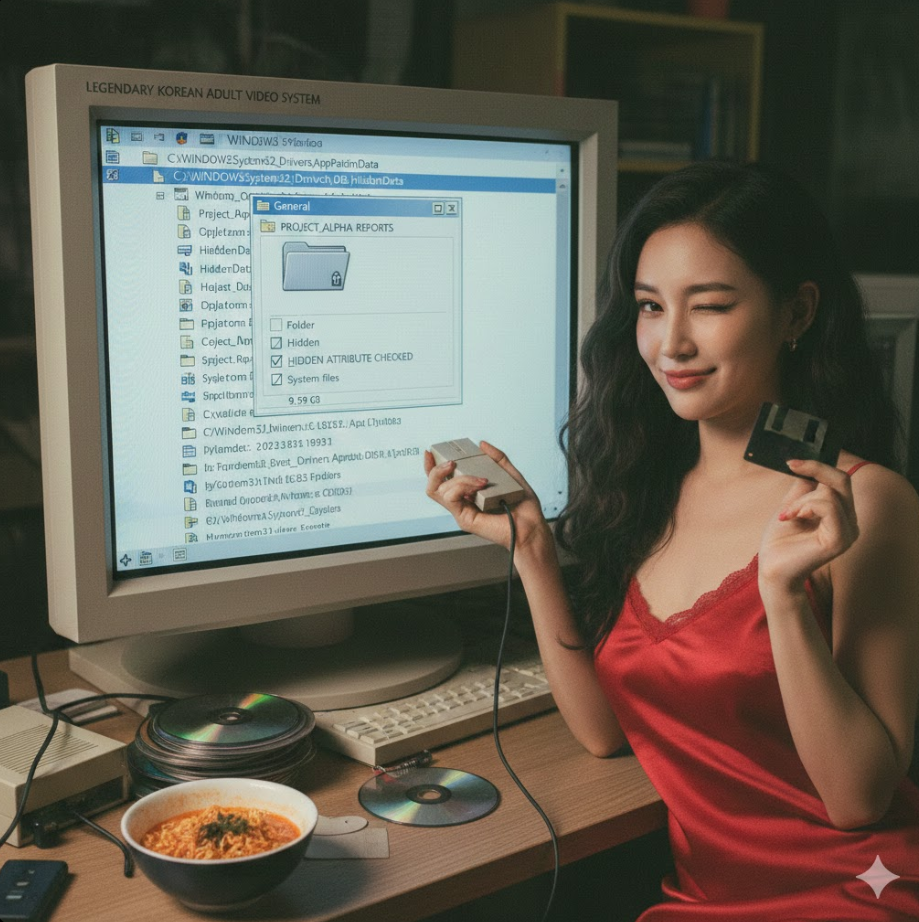 Windows 탐색기 화면에 시스템 폴더 깊숙이 숨겨진 폴더와 위장 이름, 숨김 속성 체크가 표시된 레트로 PC 화면 스타일의 유머러스한 장면입니다 Windows 탐색기 화면에 시스템 폴더 깊숙이 숨겨진 폴더와 위장 이름, 숨김 속성 체크가 표시된 레트로 PC 화면 스타일의 유머러스한 장면입니다