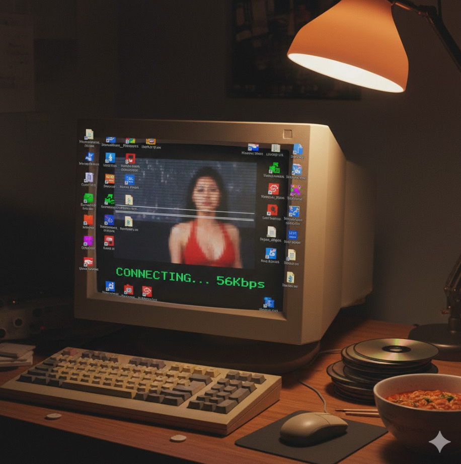 CRT 모니터에 한 줄씩 천천히 내려오는 저화질 이미지와 “연결 중… 56Kbps” 표시 CRT 모니터에 한 줄씩 천천히 내려오는 저화질 이미지와 “연결 중… 56Kbps” 표시