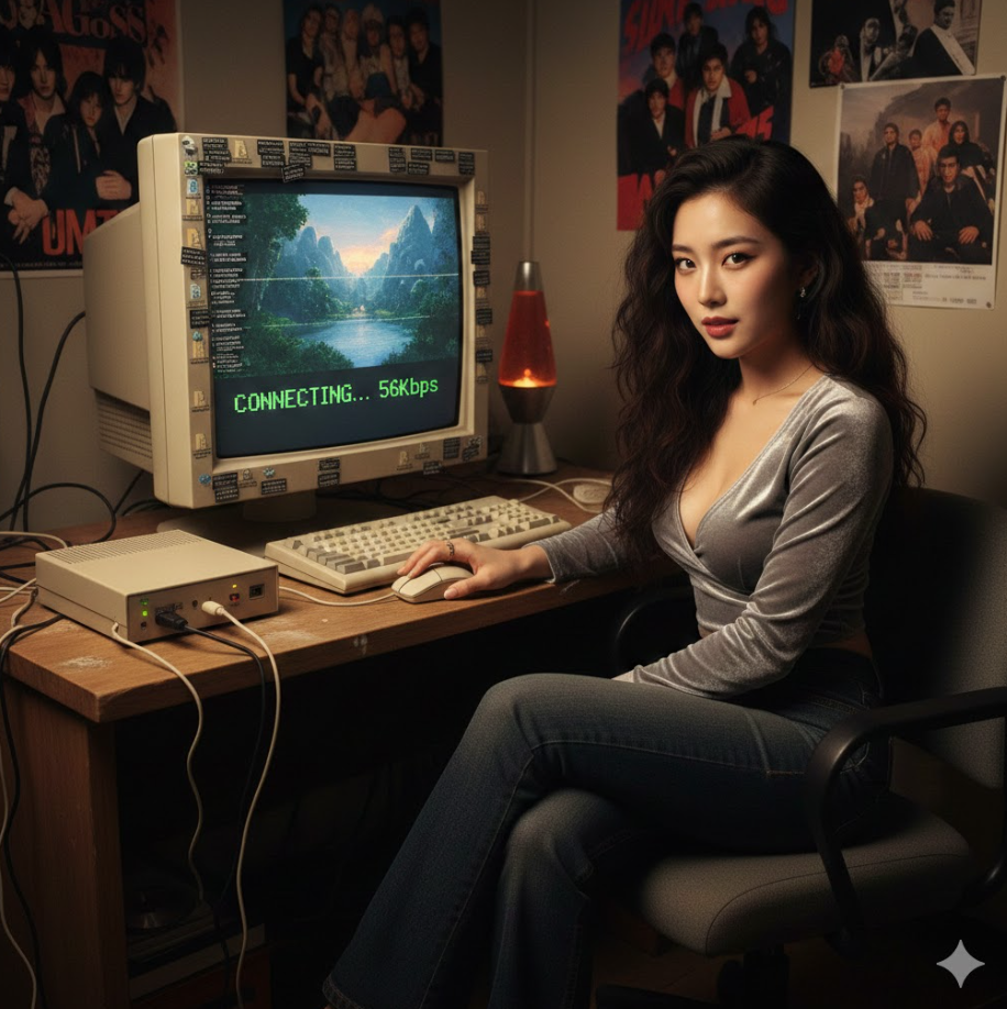 2000년대 초반 56K 모뎀 로딩 재현 이미지로, CRT 모니터에 한 줄씩 천천히 내려오는 저화질 이미지 2000년대 초반 56K 모뎀 로딩 재현 이미지로, CRT 모니터에 한 줄씩 천천히 내려오는 저화질 이미지
