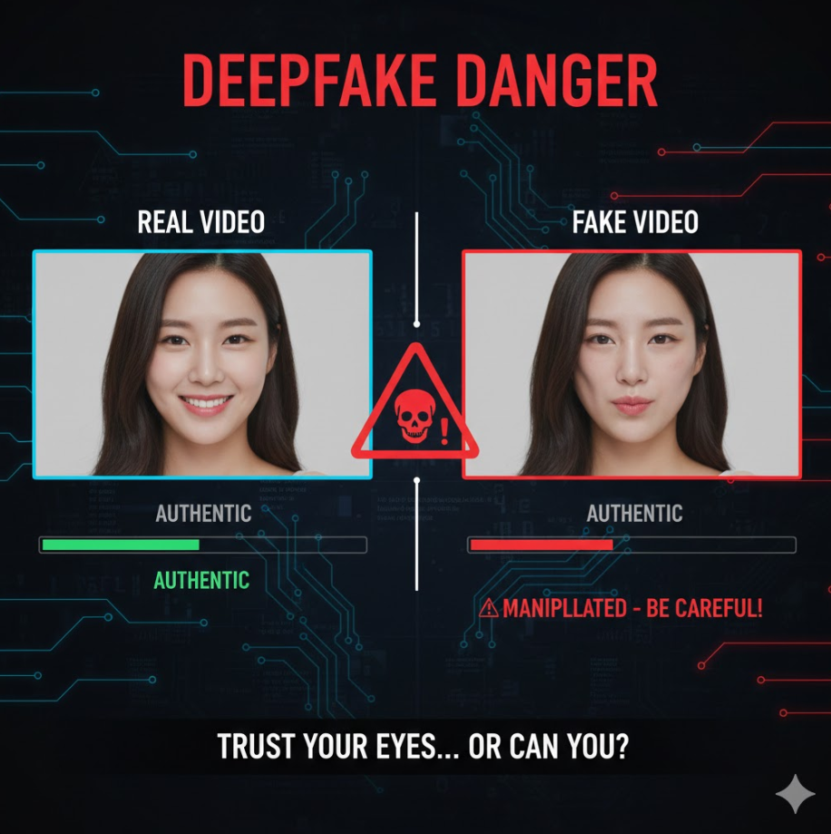 딥페이크 기술 위험성을 보여주는 인포그래픽으로,