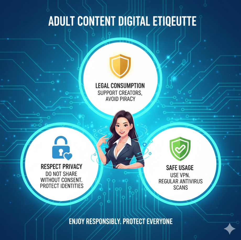 “합법 소비”, “프라이버시 존중”, “안전 이용” 3단계가 원형으로 배치되어 있고 각 단계에 밝고 긍정적인 아이콘과 설명이 들어간 디자인입니다