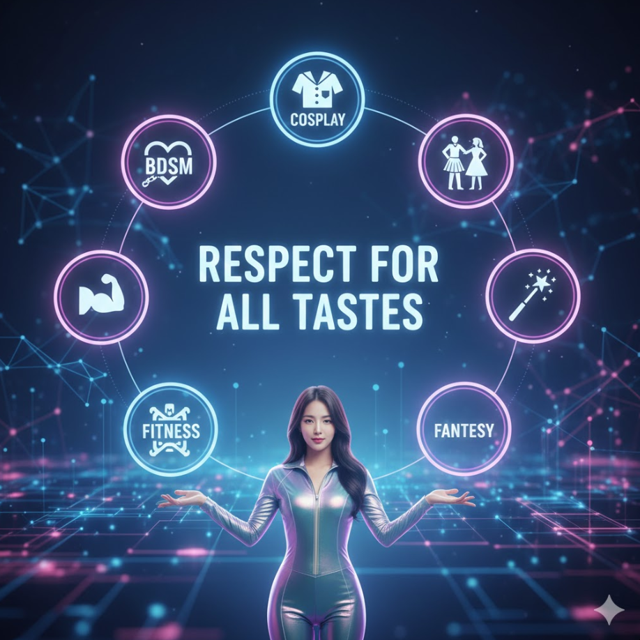 다양한 장르 아이콘이 원형으로 배치되어 있고 중앙에 “취향 존중” 큰 문구가 들어간 밝고 포용적인 디자인입니다.