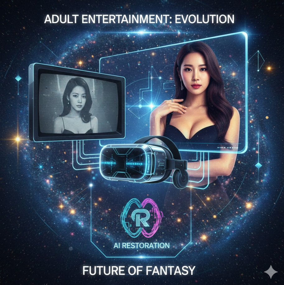 미래 지향적 콜라주 이미지로, 과거 저화질 화면과 현재 4K 화면, VR 헤드셋, AI 복원 기술 아이콘이 함께 배치되어 있고 밝은 미래감을 주는 디자인입니다 미래 지향적 콜라주 이미지로, 과거 저화질 화면과 현재 4K 화면, VR 헤드셋, AI 복원 기술 아이콘이 함께 배치되어 있고 밝은 미래감을 주는 디자인입니다