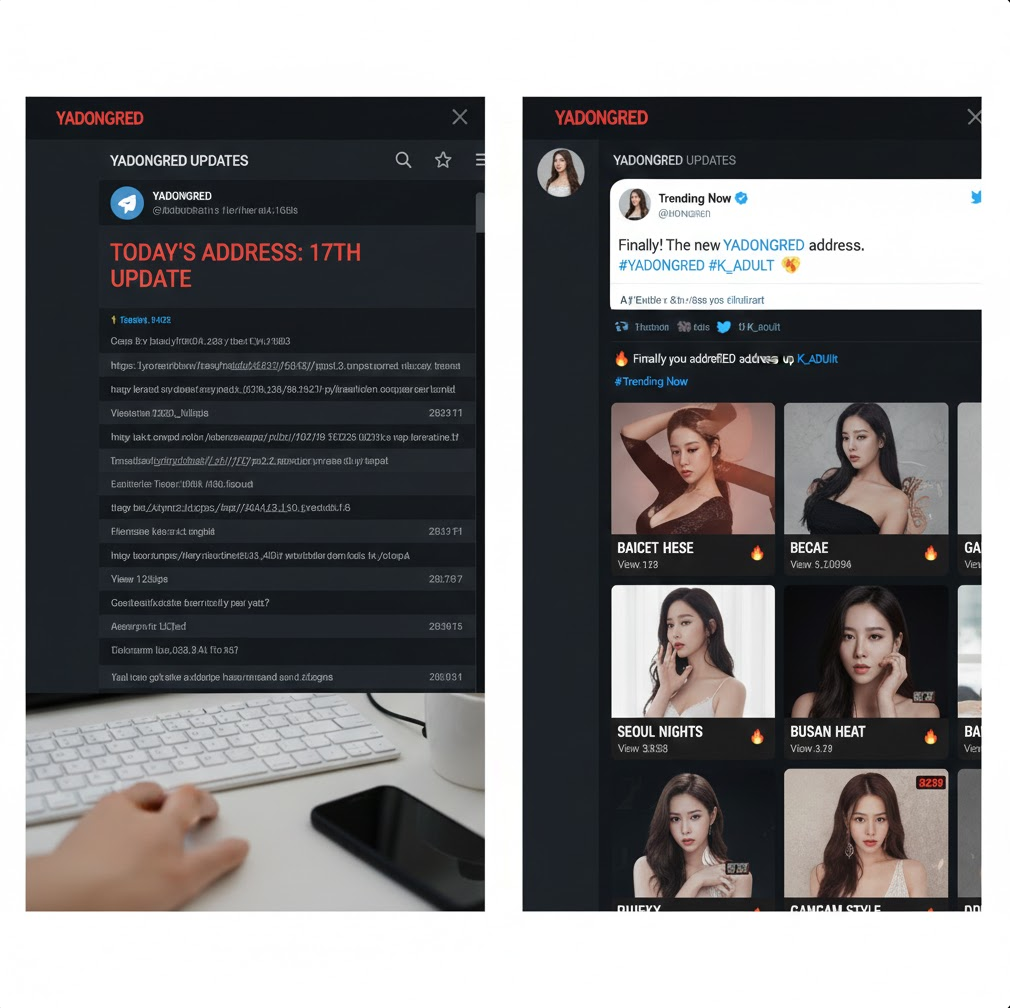 텔레그램 채널에 “오늘 주소 17번 업데이트” 메시지와 트위터에 해시태그 포스트가 함께 보이는 생생한 실제 상황 재현 이미지입니다. 