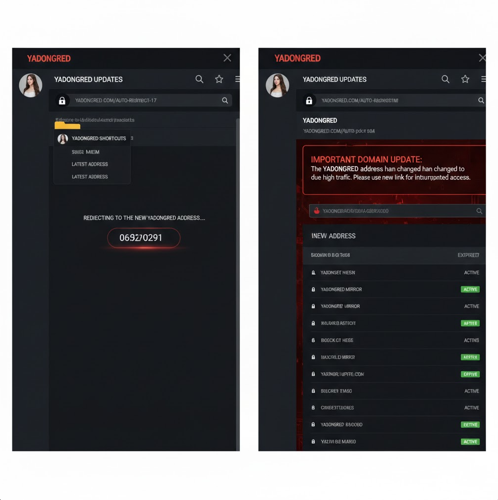 즐겨찾기 폴더에 등록된 자동 리다이렉트 페이지와 도메인 변경 알림이 표시된 실용적이고 명확한 가이드 이미지입니다.