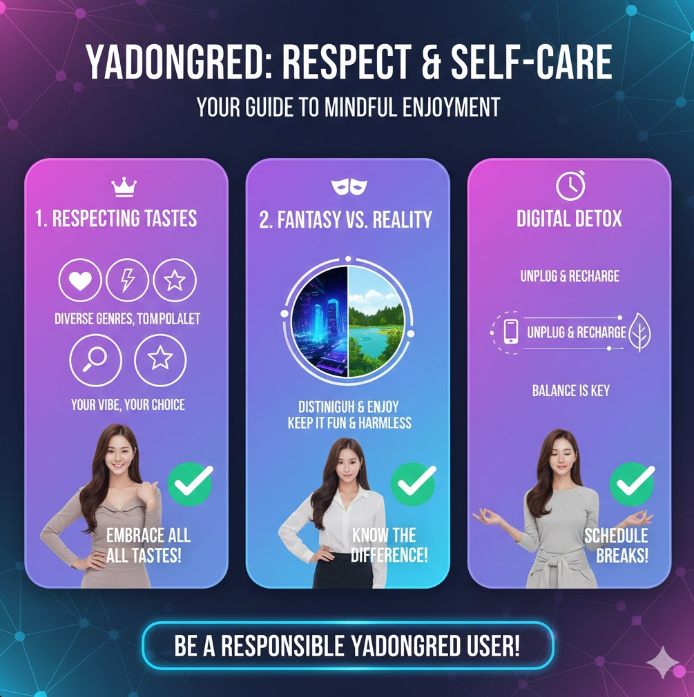 다양한 장르 아이콘과 “취향 존중”, “현실과 판타지 구분”, “디지털 디톡스” 문구가 조화롭게 배치된 밝고 포용적인 디자인입니다.